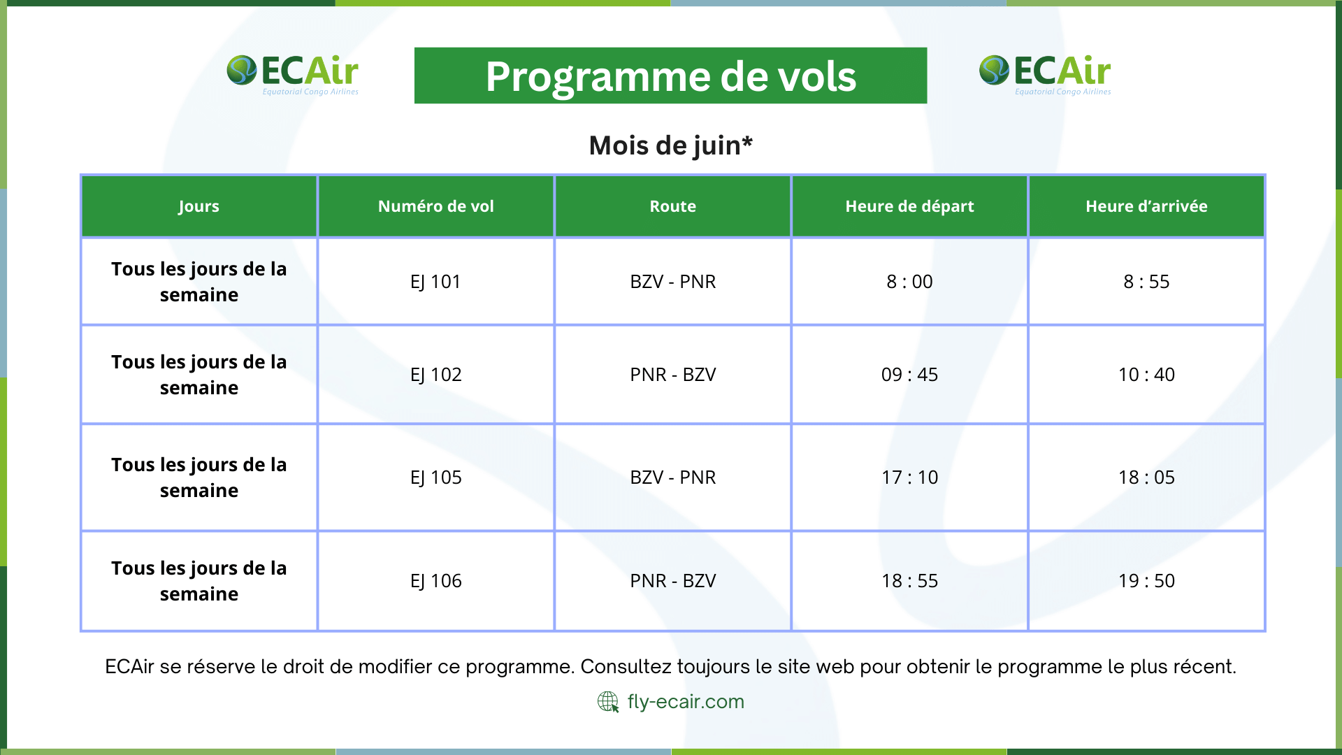 ECAir Horaires de vol - Programme de vols - Mois de juin